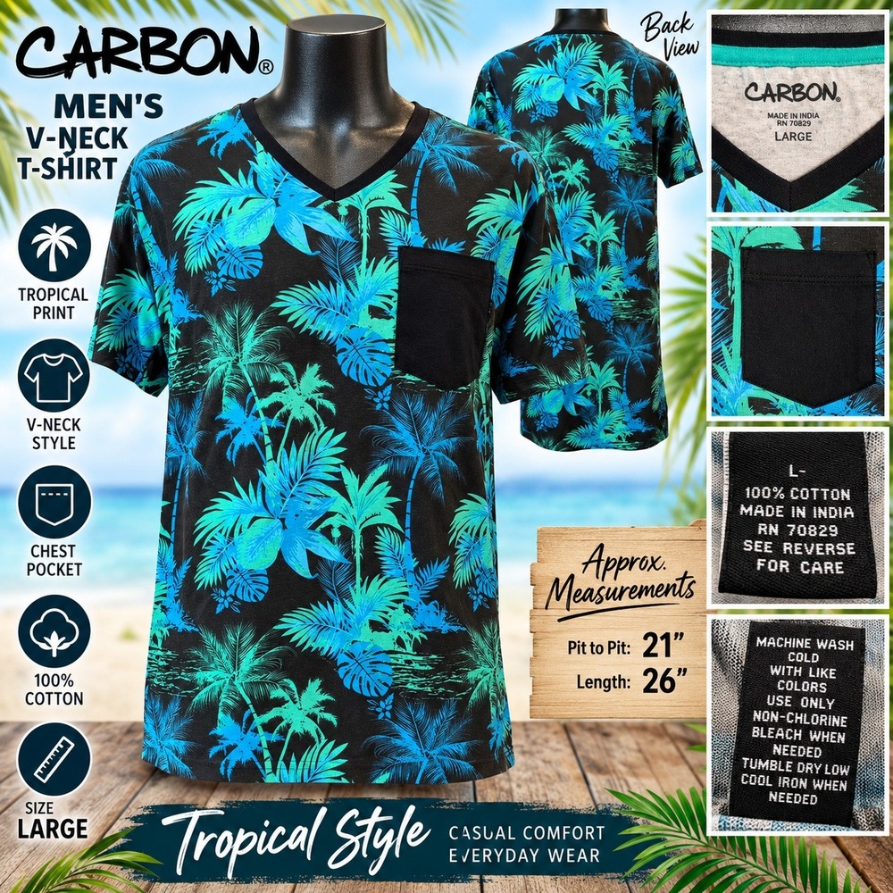 Carbon Mens V-Neck T-Shirt Large Tropical Palm Print Black Blue Teal Pocket Tee